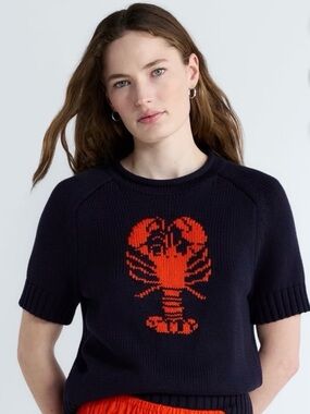 Navy Short-Sleeve Crewneck Sweater with Orange Lobster Motif